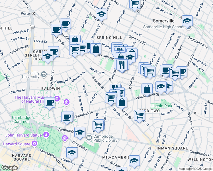 map of restaurants, bars, coffee shops, grocery stores, and more near 54 Park Street in Somerville