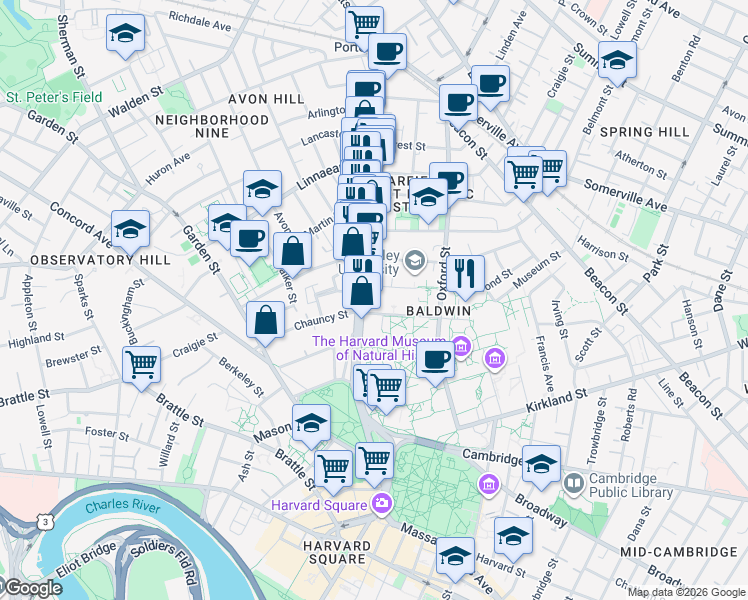 map of restaurants, bars, coffee shops, grocery stores, and more near 1637 Massachusetts Avenue in Cambridge
