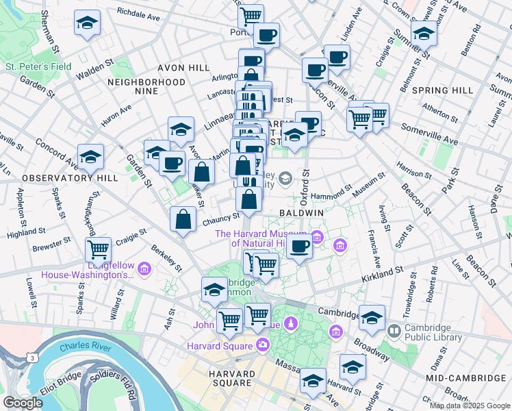 map of restaurants, bars, coffee shops, grocery stores, and more near 1637 Massachusetts Avenue in Cambridge