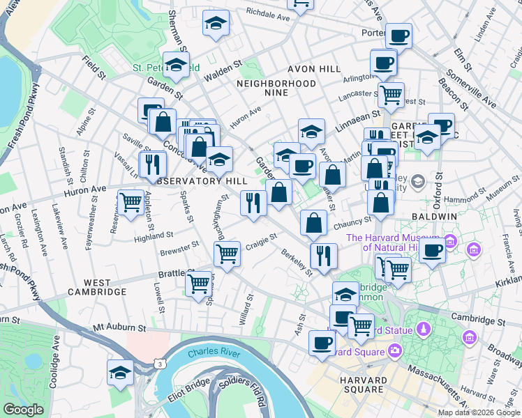 map of restaurants, bars, coffee shops, grocery stores, and more near 4 Bond Street in Cambridge