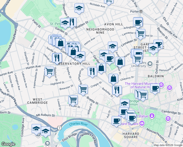 map of restaurants, bars, coffee shops, grocery stores, and more near 54 Concord Avenue in Cambridge