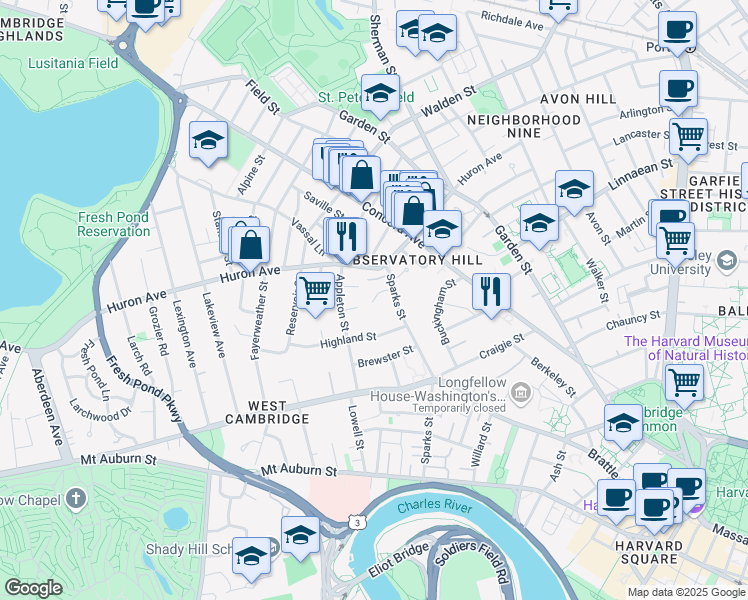 map of restaurants, bars, coffee shops, grocery stores, and more near 10 Wyman Road in Cambridge