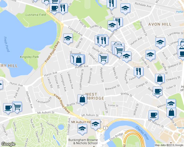 map of restaurants, bars, coffee shops, grocery stores, and more near 57 Reservoir Street in Cambridge