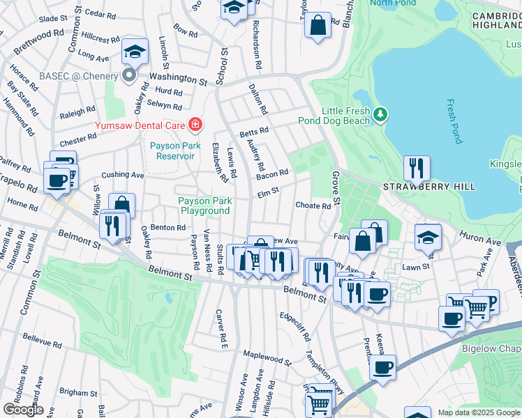 map of restaurants, bars, coffee shops, grocery stores, and more near 57 Elm Street in Belmont