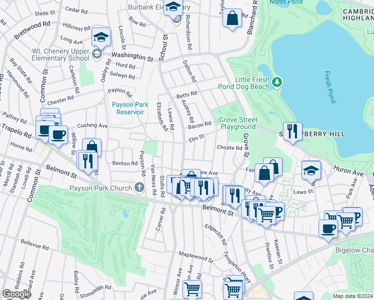map of restaurants, bars, coffee shops, grocery stores, and more near 57 Elm Street in Belmont