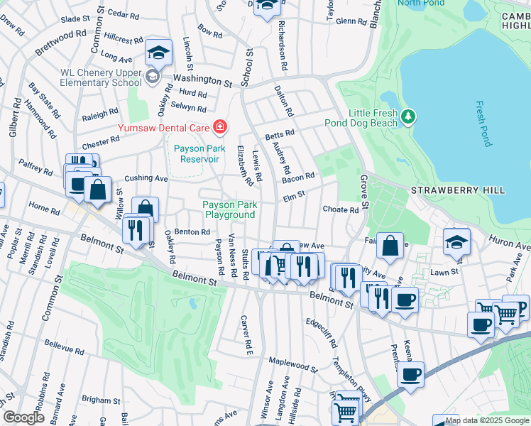 map of restaurants, bars, coffee shops, grocery stores, and more near 136 Lewis Road in Belmont
