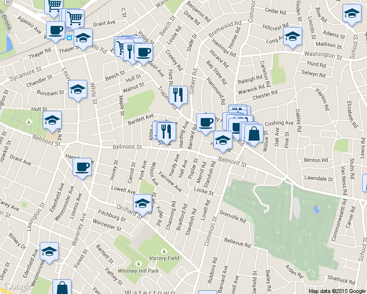 map of restaurants, bars, coffee shops, grocery stores, and more near 33 Barnard Road in Belmont
