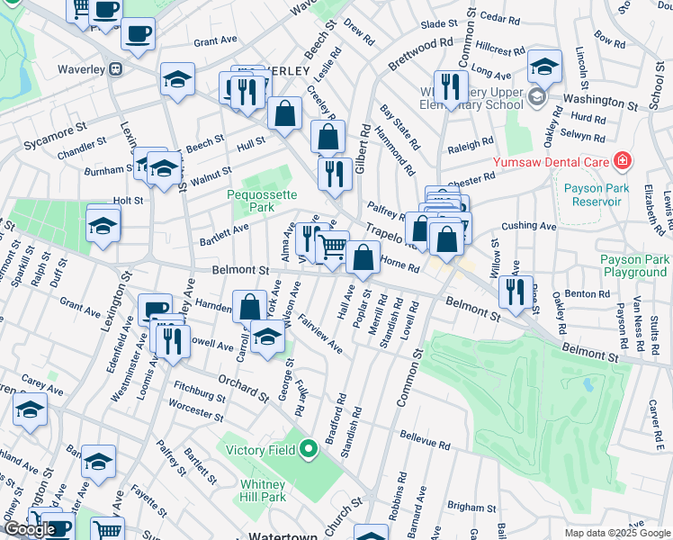 map of restaurants, bars, coffee shops, grocery stores, and more near 48 Harriet Avenue in Belmont