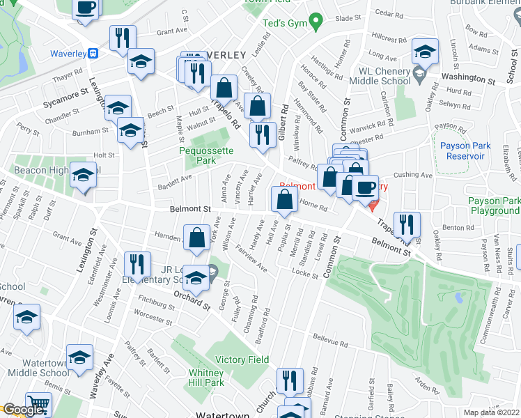 map of restaurants, bars, coffee shops, grocery stores, and more near 48 Harriet Avenue in Belmont