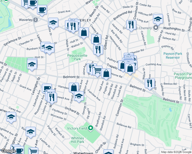 map of restaurants, bars, coffee shops, grocery stores, and more near 48 Harriet Avenue in Belmont