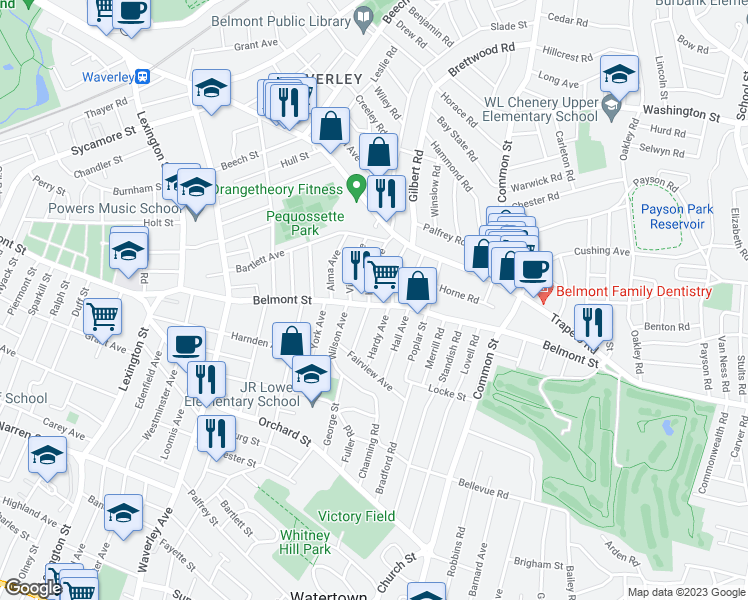 map of restaurants, bars, coffee shops, grocery stores, and more near 48 Harriet Avenue in Belmont
