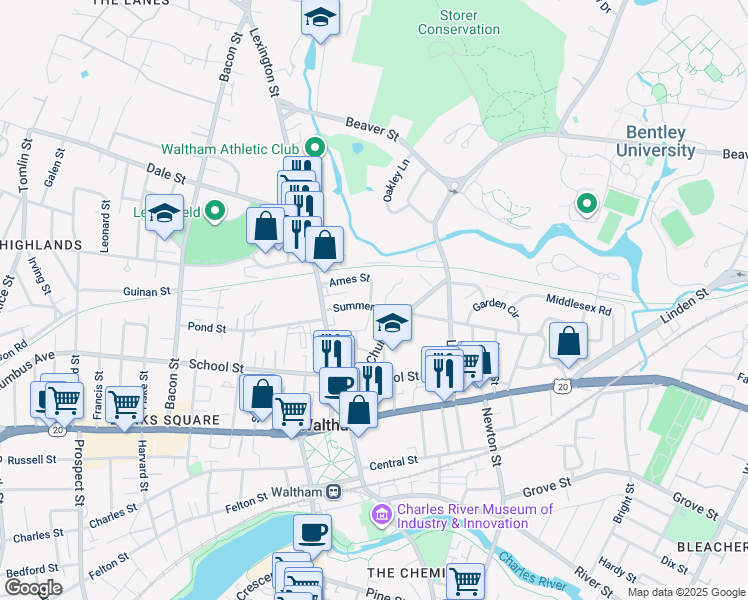 map of restaurants, bars, coffee shops, grocery stores, and more near 25 Summer Avenue in Waltham