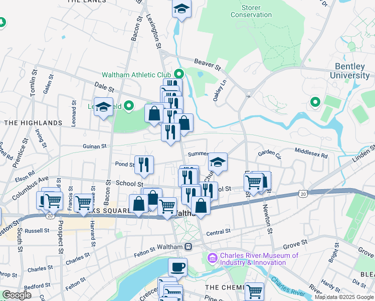 map of restaurants, bars, coffee shops, grocery stores, and more near 24 Lexington Terrace in Waltham