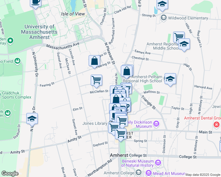 map of restaurants, bars, coffee shops, grocery stores, and more near 300 North Pleasant Street in Amherst