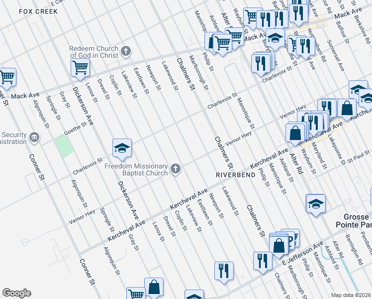 map of restaurants, bars, coffee shops, grocery stores, and more near 2587 Lakewood Street in Detroit
