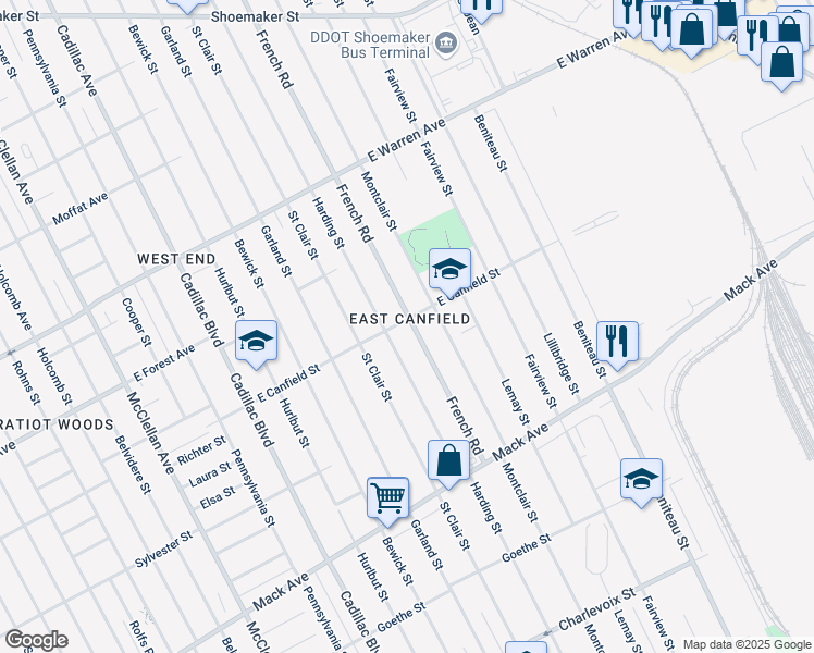 map of restaurants, bars, coffee shops, grocery stores, and more near 4418 French Road in Detroit