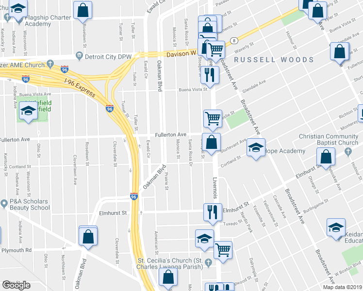 map of restaurants, bars, coffee shops, grocery stores, and more near 12420 Monica Street in Detroit