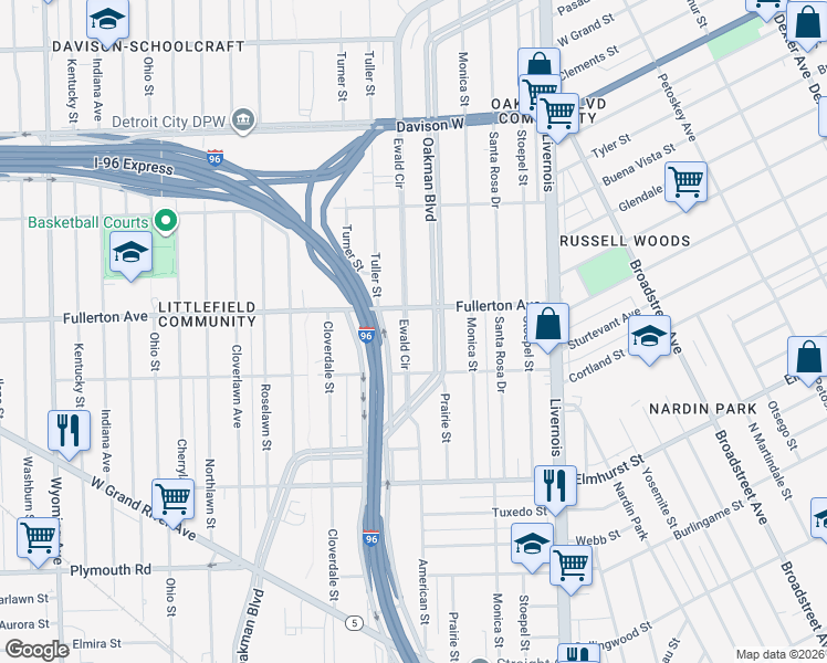 map of restaurants, bars, coffee shops, grocery stores, and more near 7501 Fullerton Avenue in Detroit