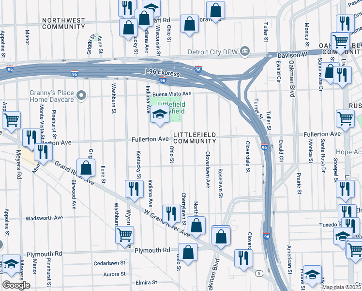 map of restaurants, bars, coffee shops, grocery stores, and more near 12612 Cherrylawn Avenue in Detroit