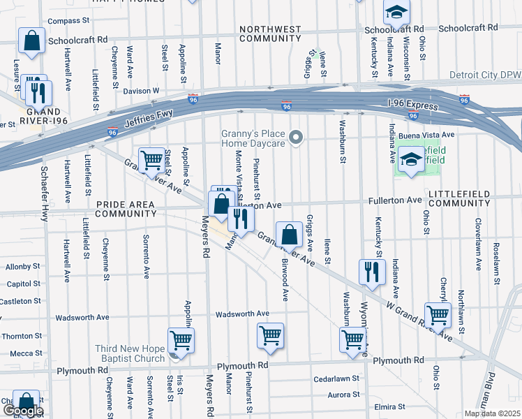 map of restaurants, bars, coffee shops, grocery stores, and more near 12619 Mendota Street in Detroit