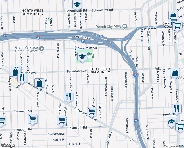 map of restaurants, bars, coffee shops, grocery stores, and more near 12612 Cherrylawn Avenue in Detroit