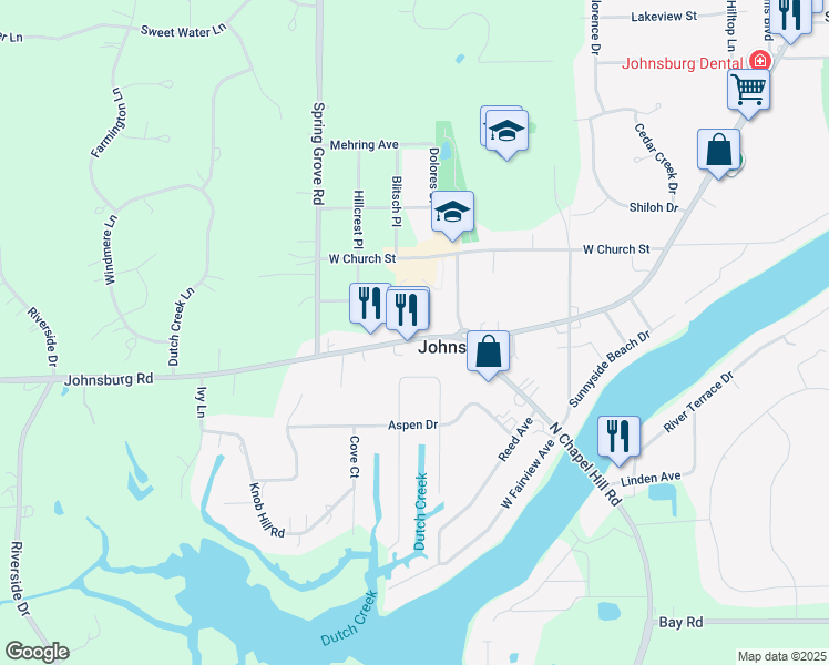 map of restaurants, bars, coffee shops, grocery stores, and more near 2404 Johnsburg Road in Johnsburg