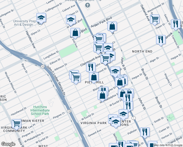 map of restaurants, bars, coffee shops, grocery stores, and more near 139 Taylor Street in Detroit