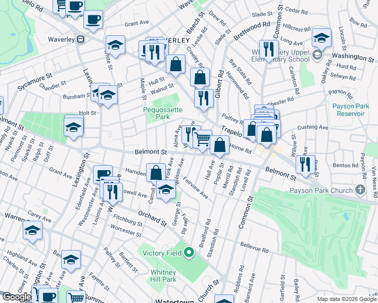 map of restaurants, bars, coffee shops, grocery stores, and more near 48 Harriet Avenue in Belmont