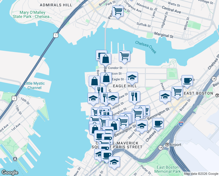 map of restaurants, bars, coffee shops, grocery stores, and more near 3 Bennet Place in Boston