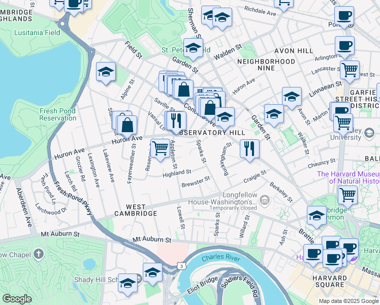 map of restaurants, bars, coffee shops, grocery stores, and more near 11 Hemlock Road in Cambridge