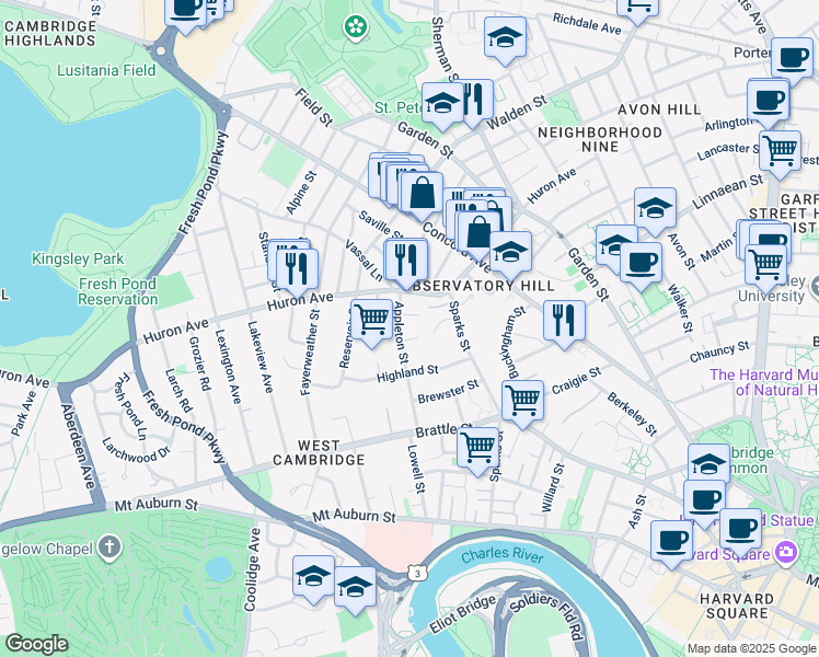 map of restaurants, bars, coffee shops, grocery stores, and more near 106 Appleton Street in Cambridge