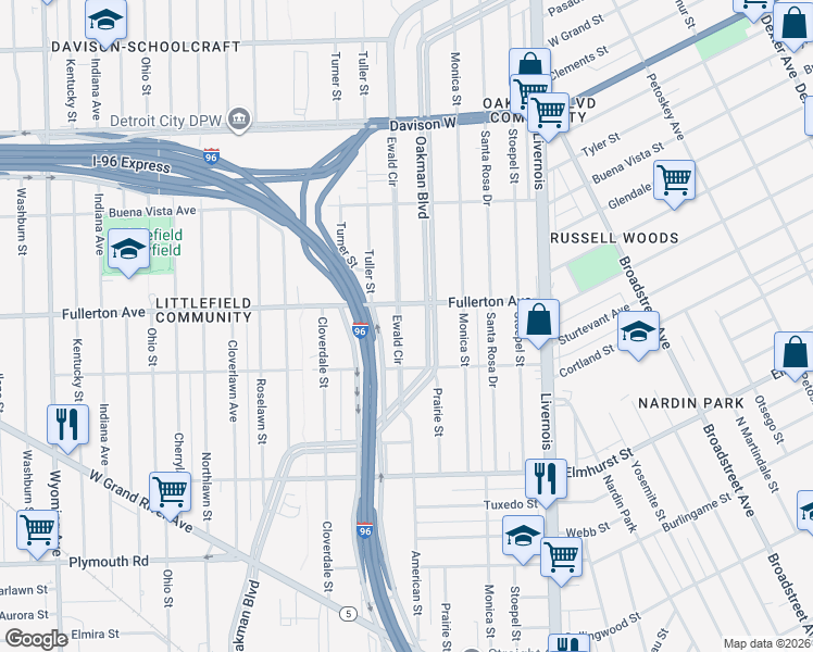 map of restaurants, bars, coffee shops, grocery stores, and more near 7501 Fullerton Avenue in Detroit