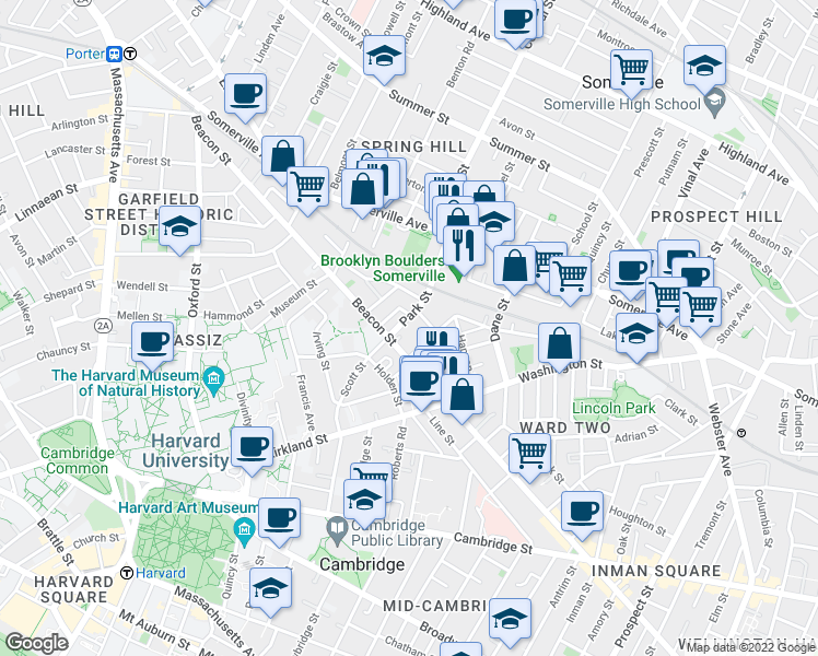 map of restaurants, bars, coffee shops, grocery stores, and more near 54 Park Street in Somerville