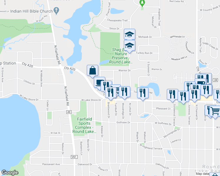 map of restaurants, bars, coffee shops, grocery stores, and more near 904 Tomahawk Trail in Round Lake