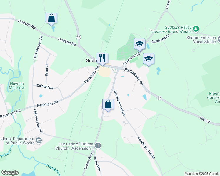 map of restaurants, bars, coffee shops, grocery stores, and more near 285 Concord Road in Sudbury