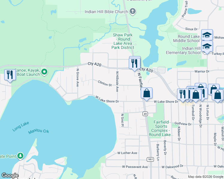 map of restaurants, bars, coffee shops, grocery stores, and more near 24725 Clinton Street in Round Lake