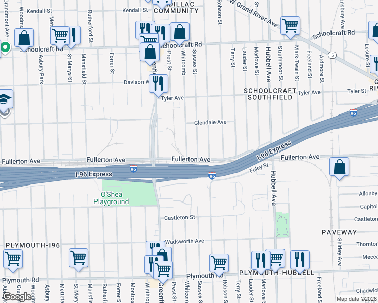 map of restaurants, bars, coffee shops, grocery stores, and more near 12671 Sussex Street in Detroit