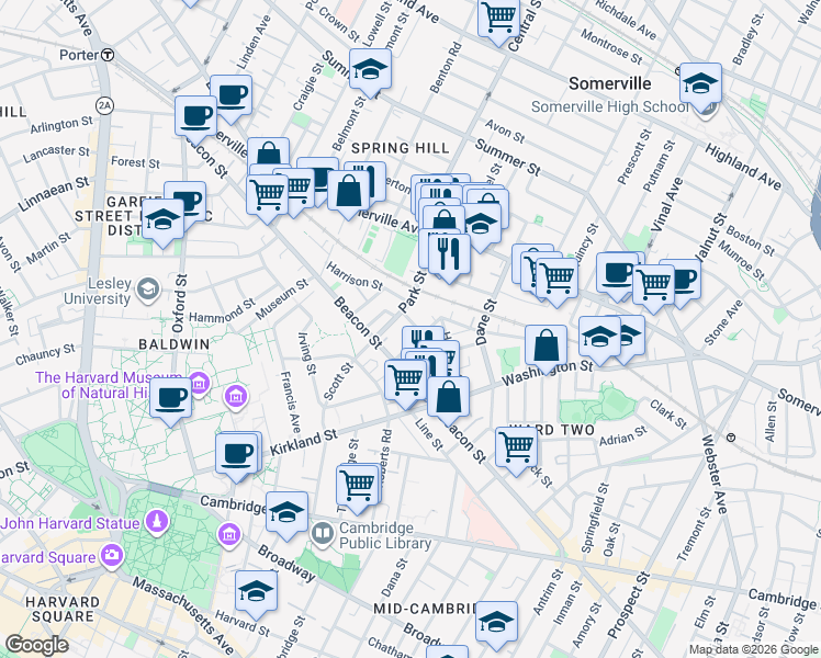 map of restaurants, bars, coffee shops, grocery stores, and more near 54 Park Street in Somerville