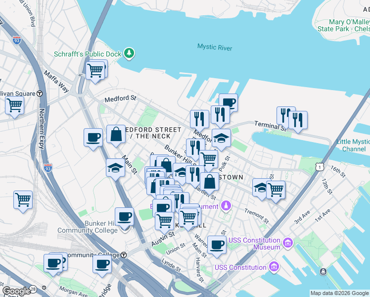 map of restaurants, bars, coffee shops, grocery stores, and more near 20 Sheafe Street in Boston