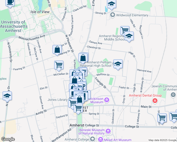 map of restaurants, bars, coffee shops, grocery stores, and more near 2 Cottage Street in Amherst