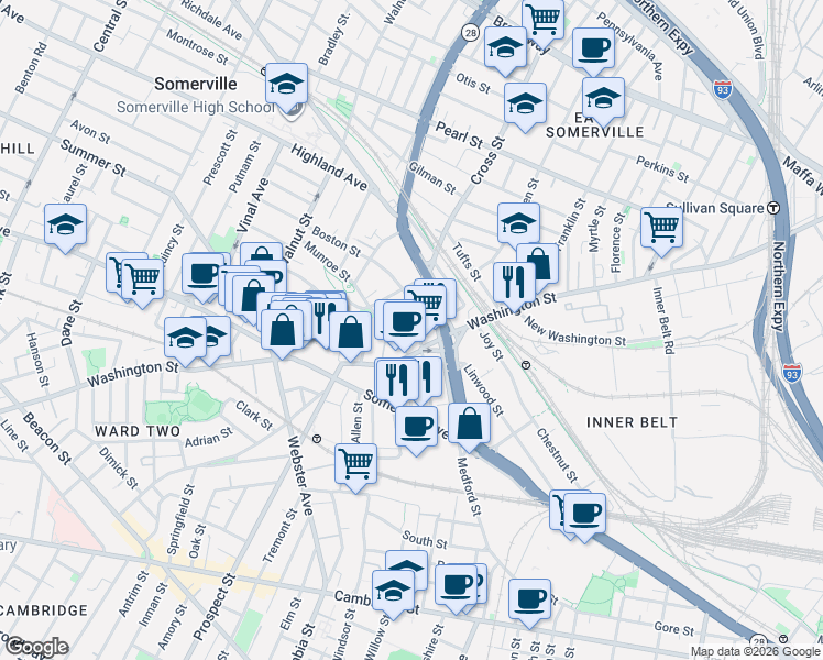 map of restaurants, bars, coffee shops, grocery stores, and more near 14 Boston Street in Somerville