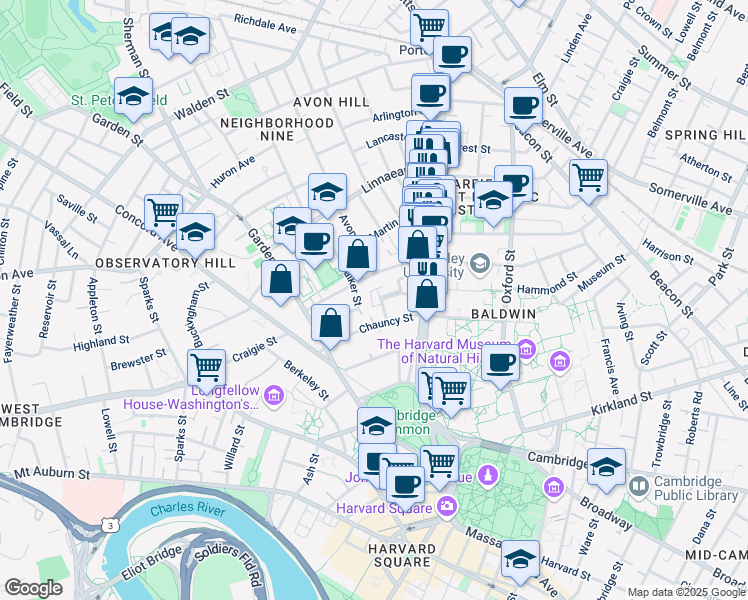 map of restaurants, bars, coffee shops, grocery stores, and more near 34 Shepard Street in Cambridge