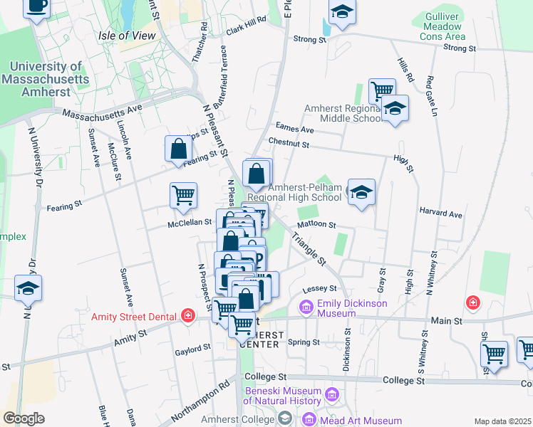 map of restaurants, bars, coffee shops, grocery stores, and more near 2-28 Cottage Street in Amherst