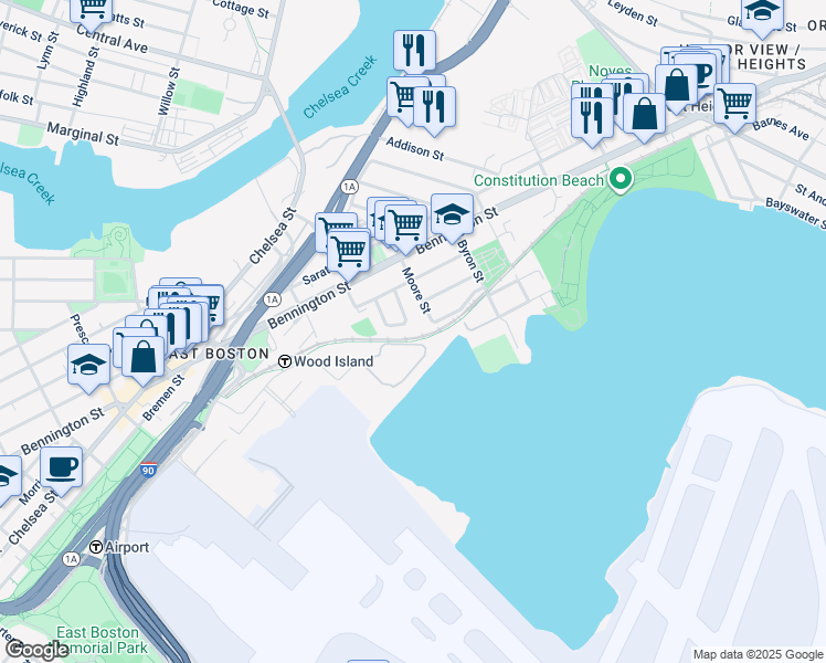 map of restaurants, bars, coffee shops, grocery stores, and more near 114 Moore Street in Boston