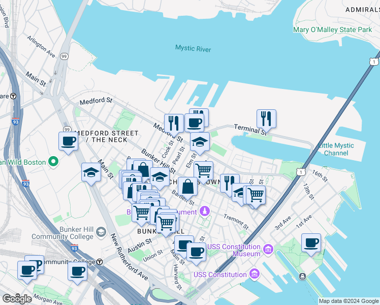 map of restaurants, bars, coffee shops, grocery stores, and more near 102 Pearl Street in Boston
