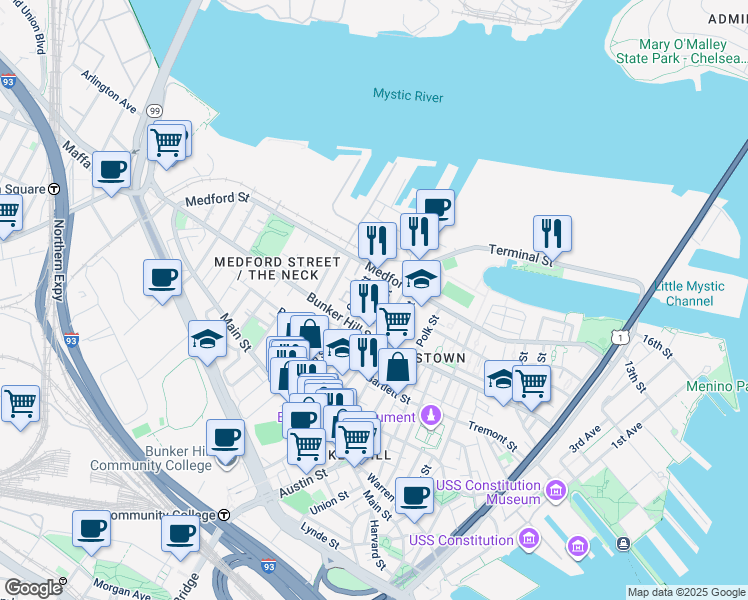 map of restaurants, bars, coffee shops, grocery stores, and more near 102 Pearl Street in Boston
