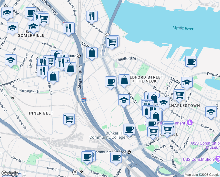 map of restaurants, bars, coffee shops, grocery stores, and more near 500 Hood Park Drive in Boston