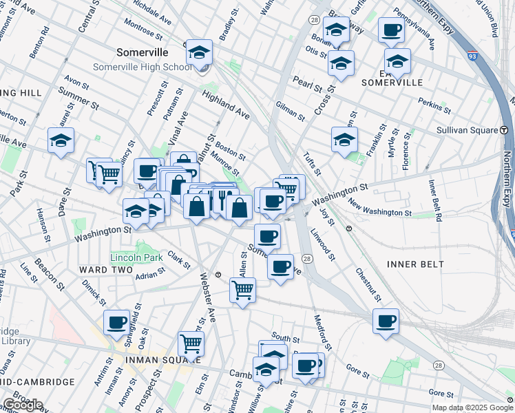 map of restaurants, bars, coffee shops, grocery stores, and more near 24 Prospect Hill Avenue in Somerville