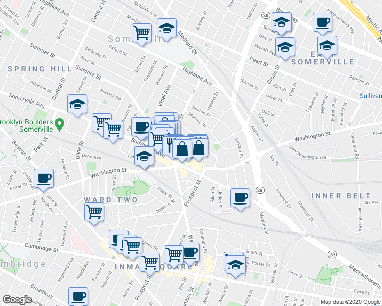 map of restaurants, bars, coffee shops, grocery stores, and more near 13 Warren Avenue in Somerville
