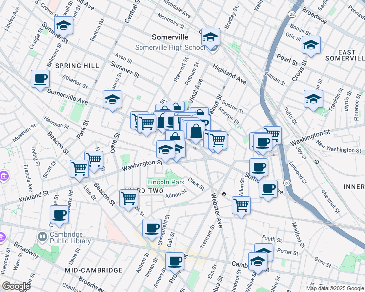 map of restaurants, bars, coffee shops, grocery stores, and more near 1 Bow Market Way in Somerville